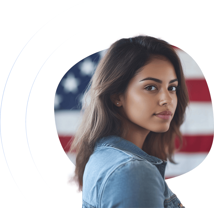 Woman with an American flag in the background